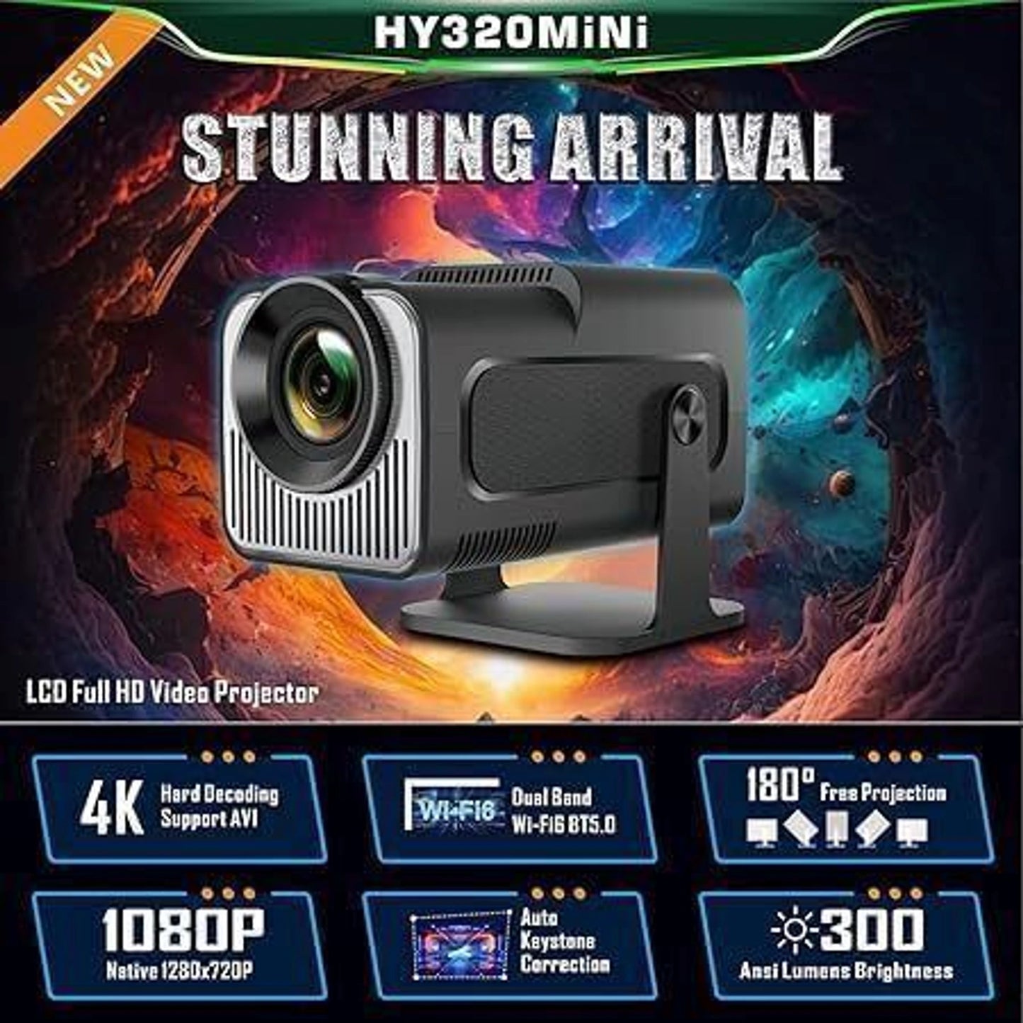 Nexscan Mini HY320 4K,Native HD Android 11 Wifi BT Miracat Autokeystone Freestyle (5000 lm / 1 Speaker / Wireless / Remote Controller) Portable Projector (Black)