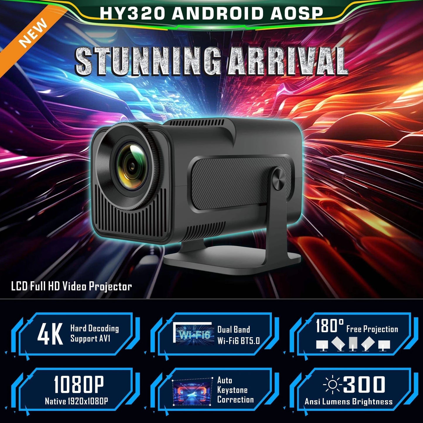 Nexscan HY320 Mini 4K Support,Native HD Android/Wifi/Bluetooth Autokeystone Freestyle (5000 lm / 1 Speaker / Wireless / Remote Controller) Portable Projector (Black)